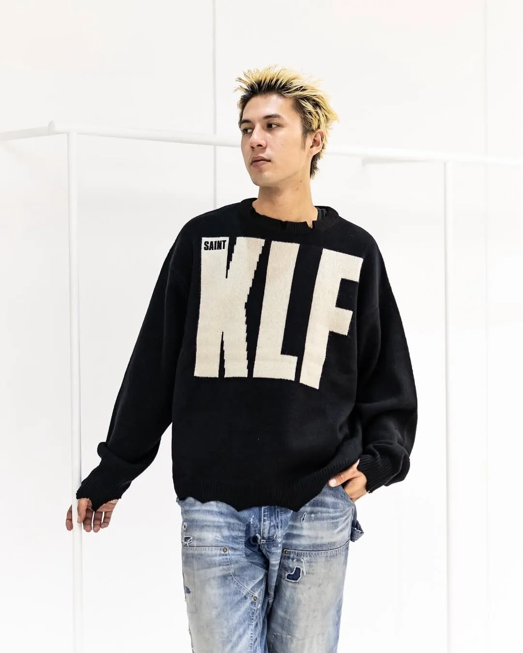 SAINT Mxxxxxx × The KLF KLF_CREW NECK KNIT/BLK KLF joint deconstructed wool sweater, black S-XL, original heel, made of 100% pure wool, natural and warm, wool fabric, dry cleaning or gentle hand washing recommended, completely correct version, customized KLF joint main mark/wash mark, imported special machine embroidery, full three-dimensional, pure hand destruction, deconstructed and shredded